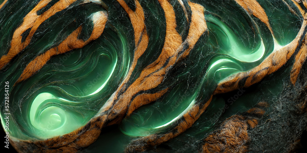 Sedate realistic marco detailed orange and teal alcohol ink ripples pattern in agate design. Closeup