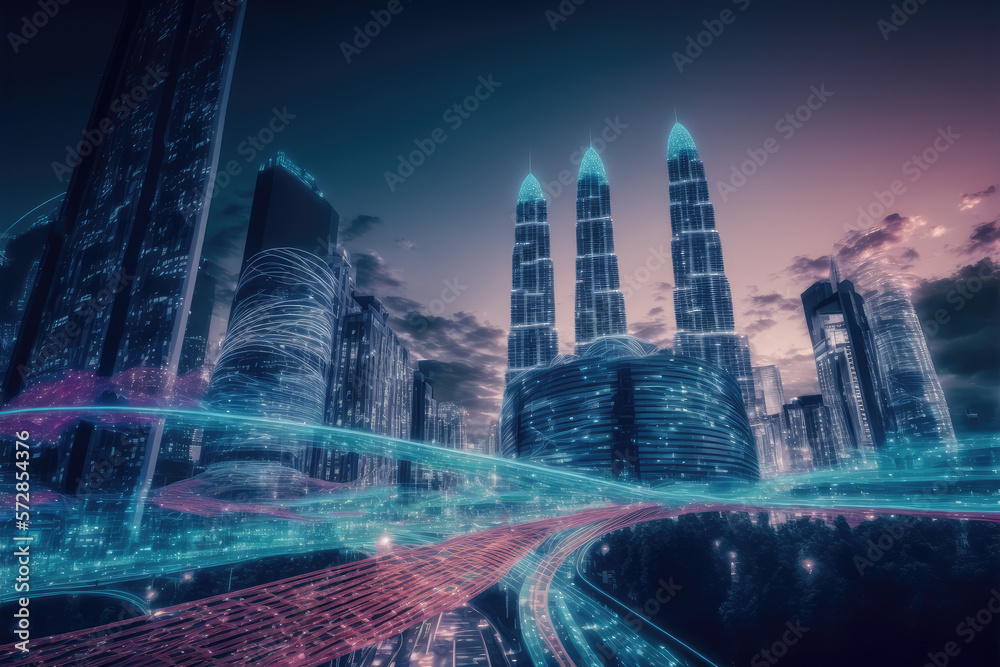 Smart city with communication network graphic connecting the city with wireless internet technology.