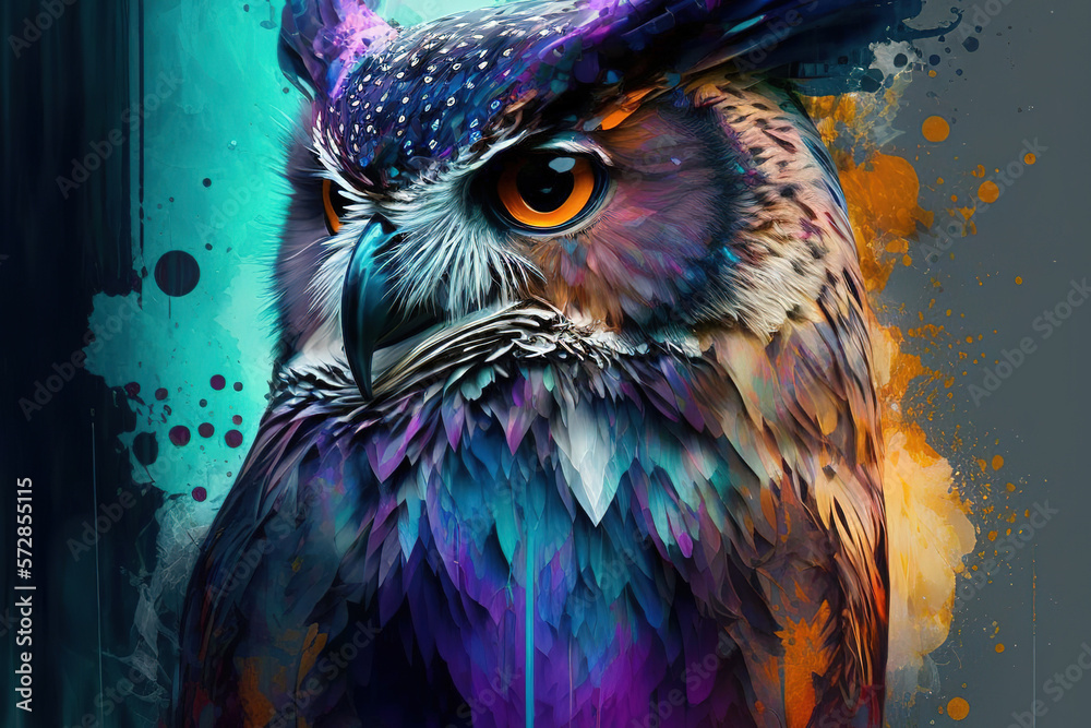 Watercolor painting of owl in style of colorful abstract art . Admirable Generative AI image .