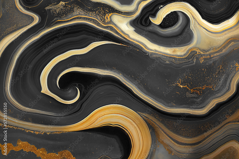 Abstract art background with a fluid marble black and gold texture. Splendid generative AI luxury ab