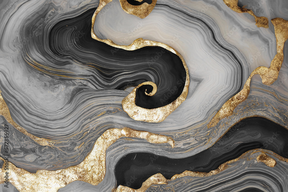 Abstract art background with a fluid marble black and gold texture. Splendid generative AI luxury ab