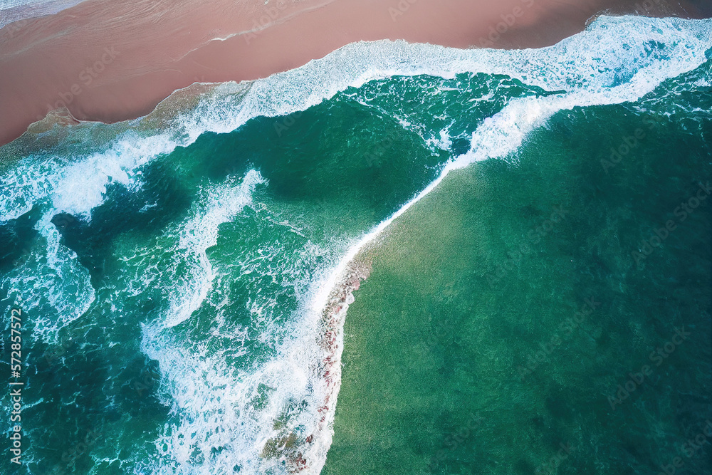 Spectacular top view from drone photo of beautiful pink beach with relaxing sunlight, sea water wave