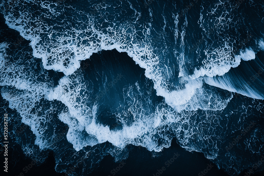 Spectacular aerial top view background photo of ocean sea water white wave splashing in the deep sea