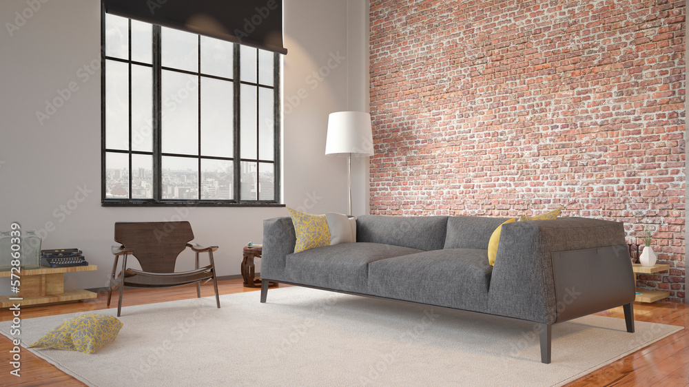 Modern interior of living room with brick wall and grey sofa. 3d render	