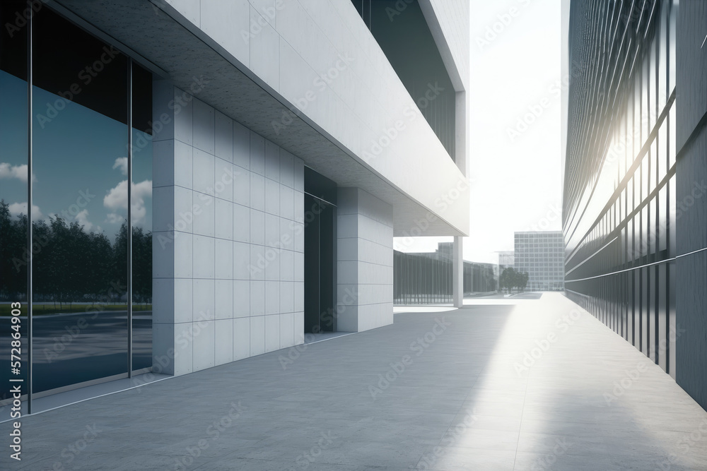 Modern architecture exterior of public hall entrance in urban building outdoor under bright sky with