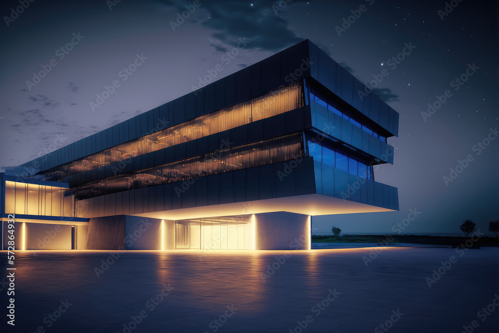 Office buildings and modern architecture at night. Peculiar AI generative image.