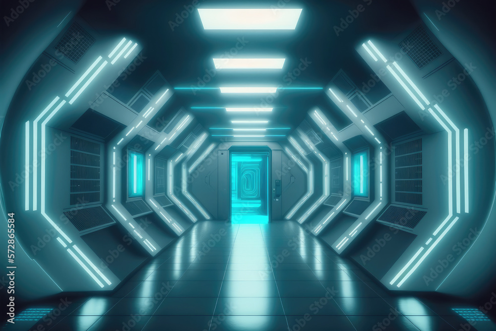 Empty sci-fi futuristic room of spaceship with blue light decoration . Super modern interior design.