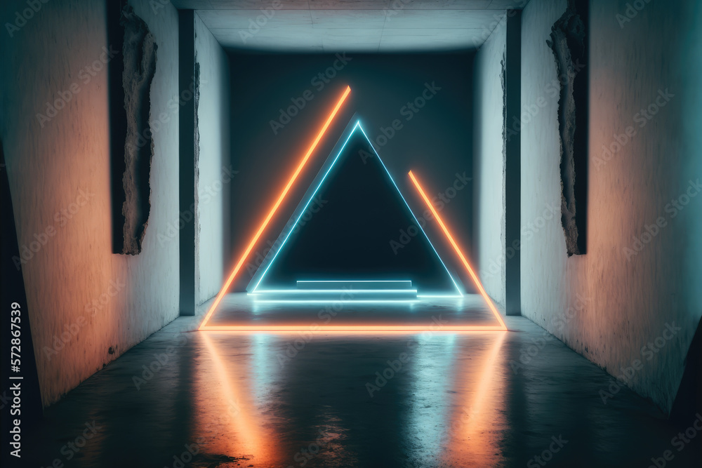 Concrete room with triangle portal illuminated by blue and orange neon light. Peculiar AI generative