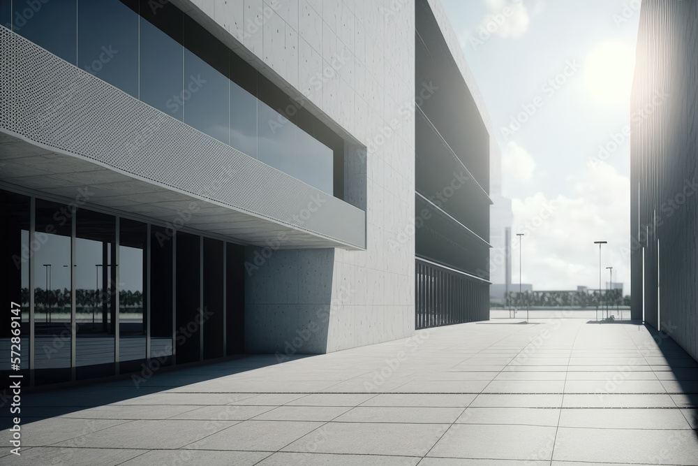 Modern architecture exterior of public hall entrance in urban building outdoor under bright sky with