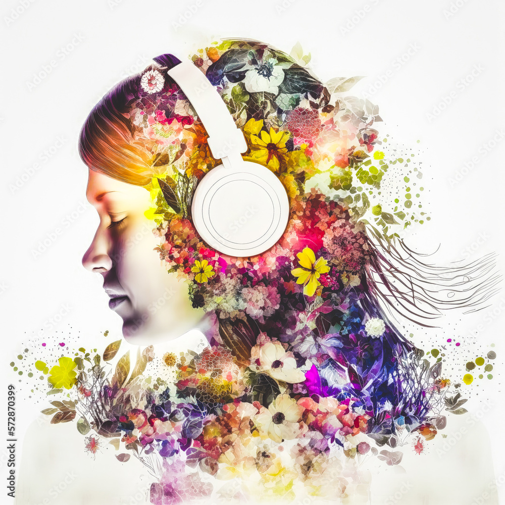 Sedate double exposure portrait of beautiful woman in headphone listen to music immerse with spring 