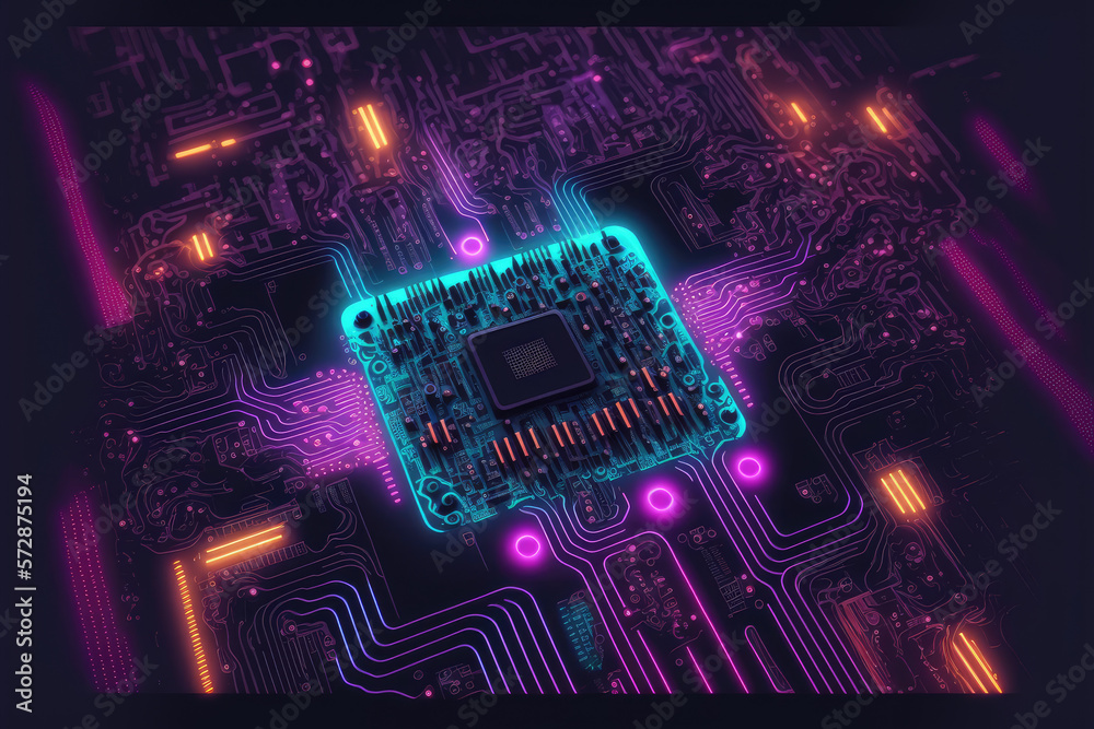 Computer microchip semiconductor on motherboard futuristic cyber neon lighting. Peculiar AI generati