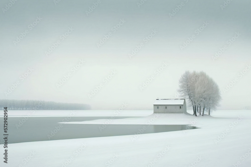 Lonely house in a winter landscape. Created with Generative AI technology.