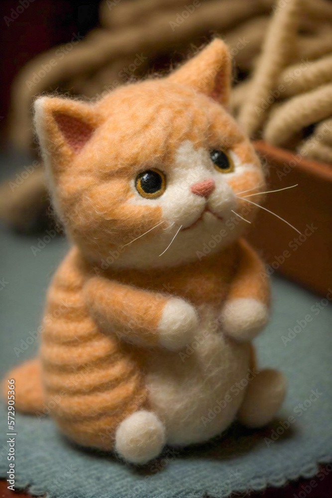 Cute toy kitty made of felt. Created with Generative AI technology.