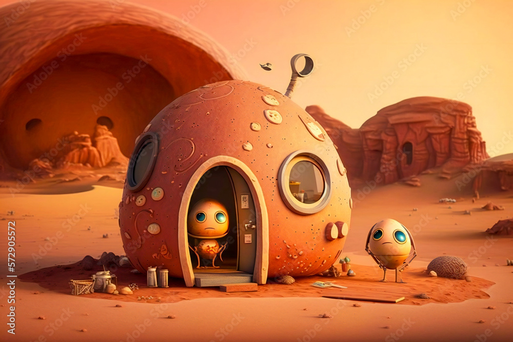 Cute tiny aliens and alien house. Created with Generative AI technology.