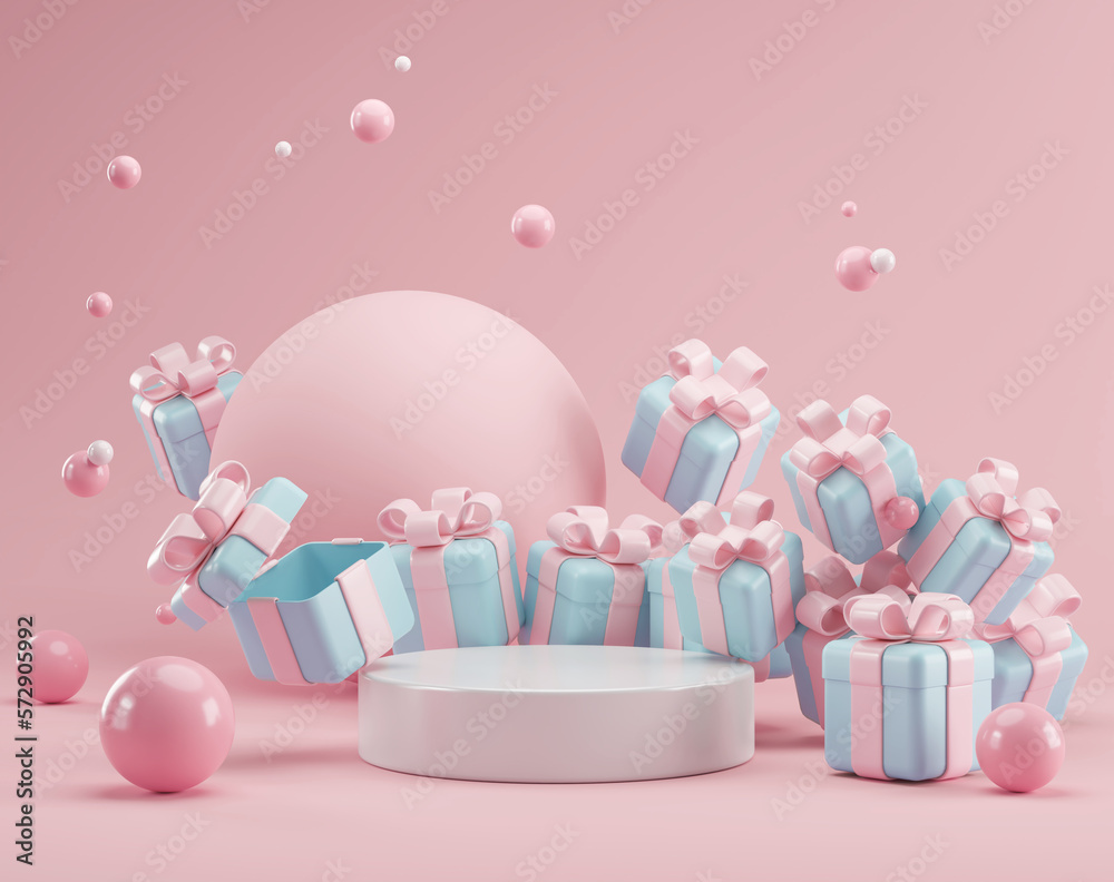 Holiday pastel color background with a gift box and podium display stand, 3d rendering.