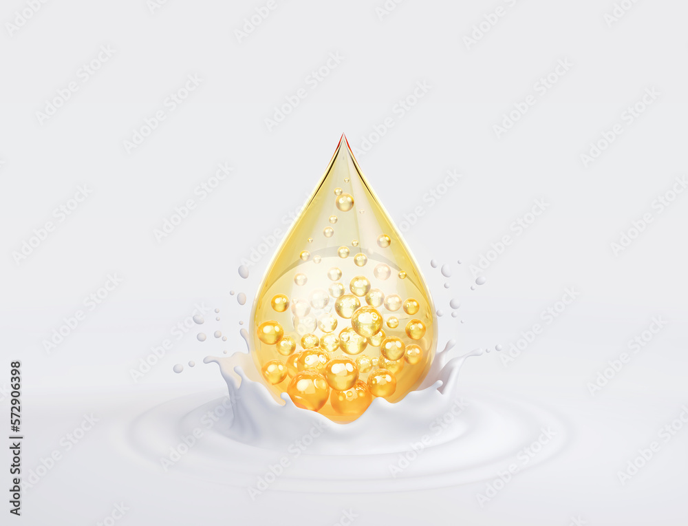 cosmetic serum oil, Oil droplet to white cream splashing, 3d rendering.