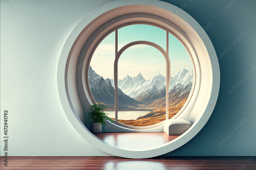 A room with round glass window overlooking beautiful landscape background . Hotel futuristic showroo