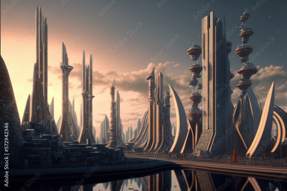 Skyline of futuristic city with fictional architecture in panoramic view . Megalopolis landscape wit