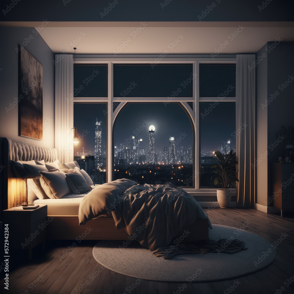 Interior of luxury penthouse bedroom at night. Peculiar AI generative image.