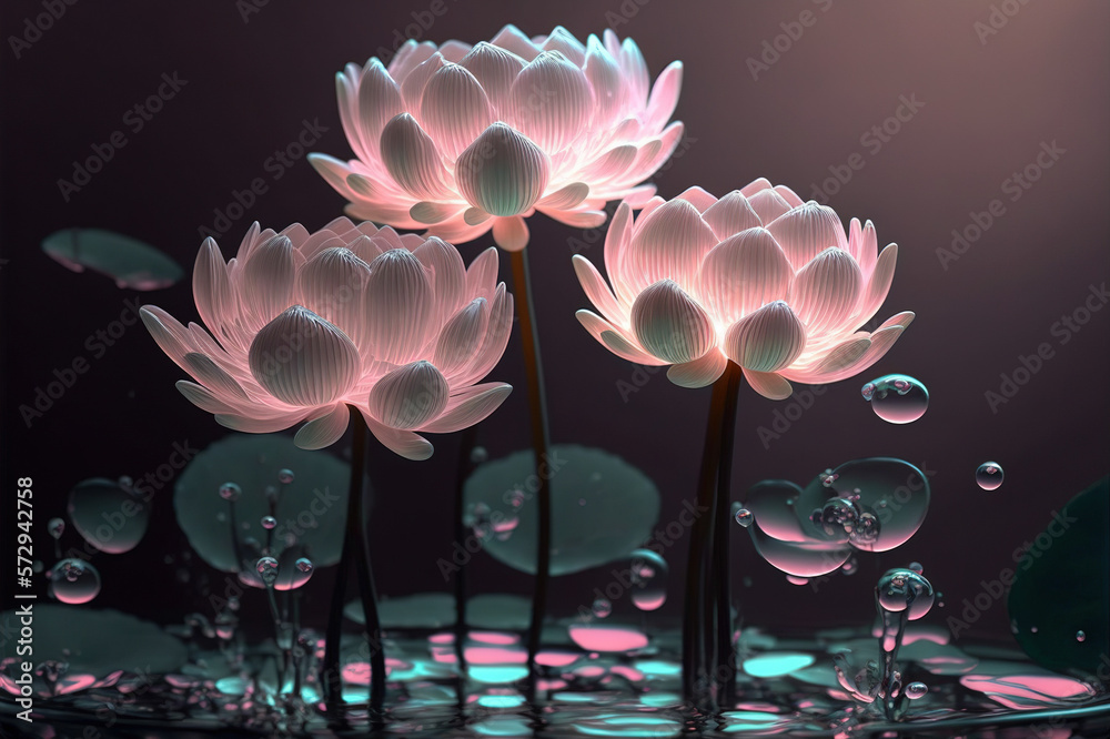 Dreamlike image of light glowing lotus flower or water lily with transparent pink illumination under