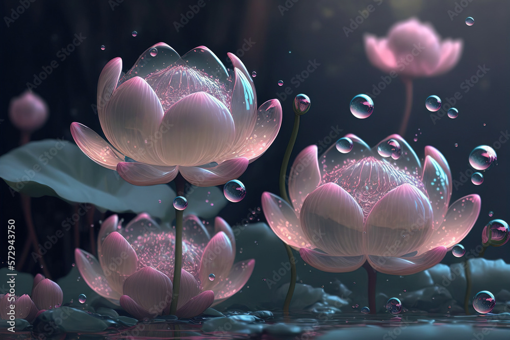 Dreamlike image of light glowing lotus flower or water lily with transparent pink illumination under