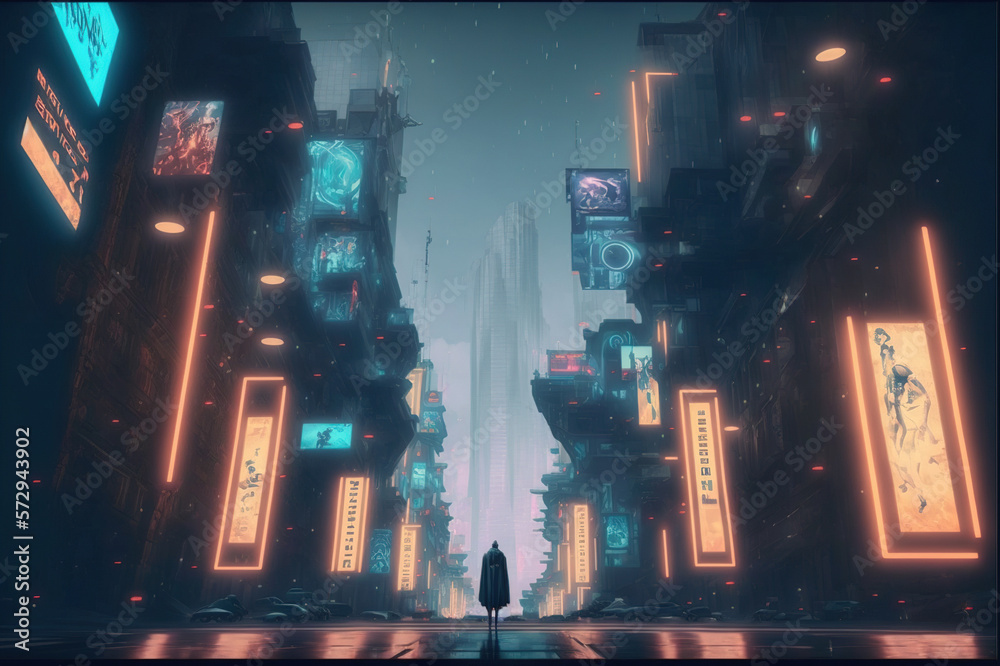 Futuristic city scene with neon light illuminated the dark fictional city street . Sublime Generativ