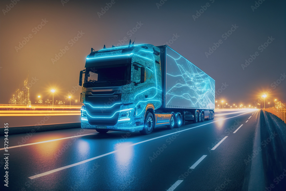 Self driving futuristic freight truck deliver goods to warehouse on city highway road with advanced 