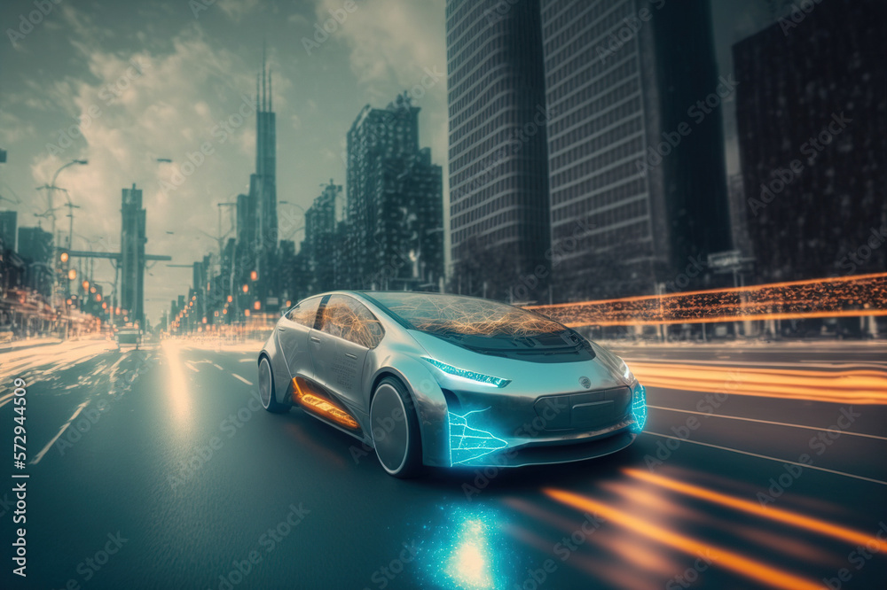 Fast electric car with luxury futuristic autonomous sensor software driving on road in downtown city