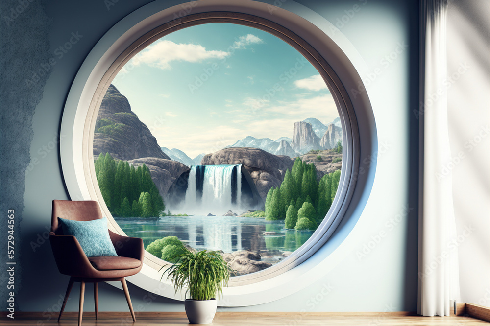 A room with round glass window overlooking beautiful landscape background . Hotel futuristic showroo