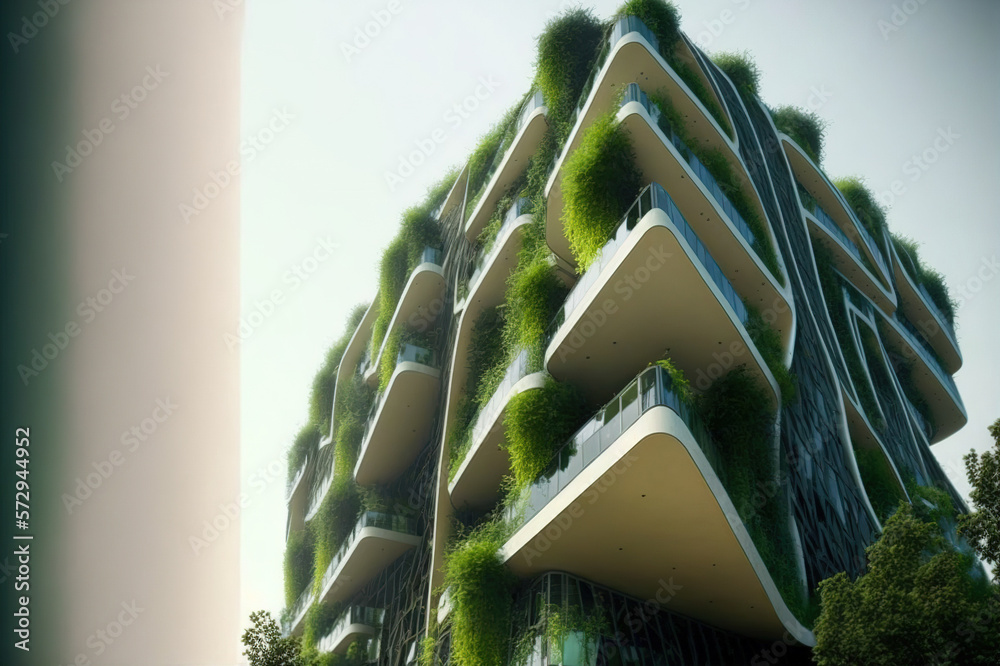 Eco-friendly green building with vertical garden design for sustainability . Sublime Generative AI i