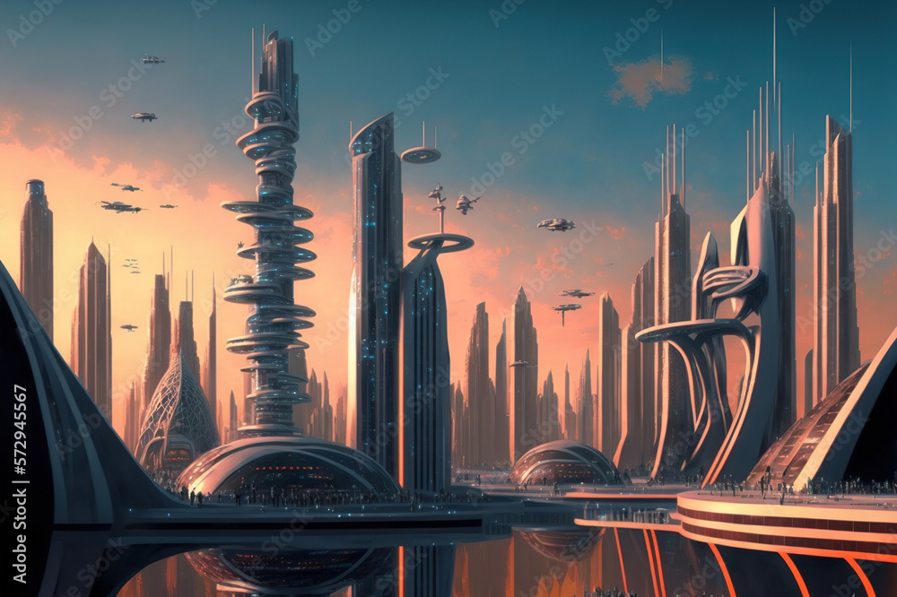 Skyline of futuristic city with fictional architecture in panoramic view . Megalopolis landscape wit