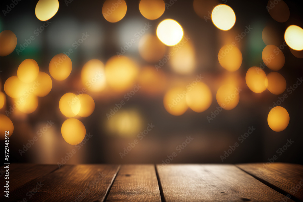 Empty wood table for product display in blur background of admirable restaurant at night