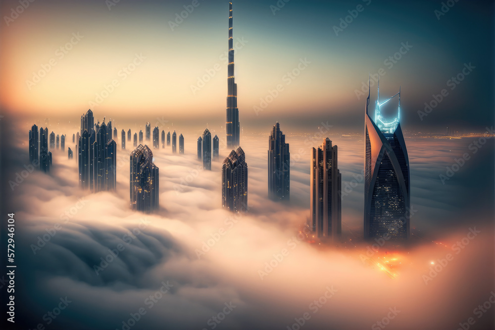 Top of skyscrapers building high above the clouds in the morning sunrise . Futuristic architecture o