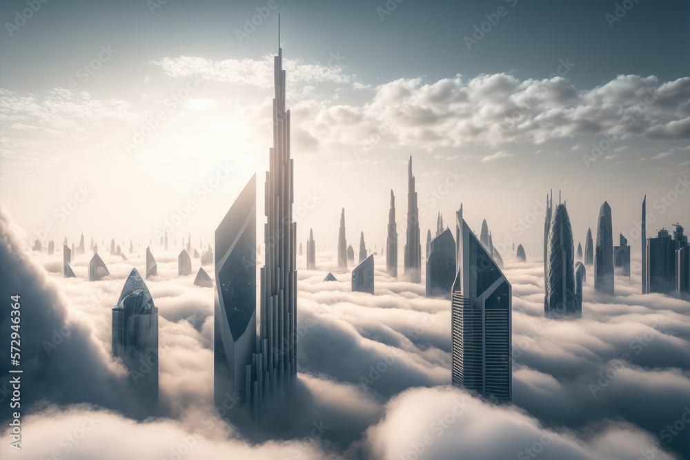 Top of skyscrapers building high above the clouds in the morning sunrise . Futuristic architecture o