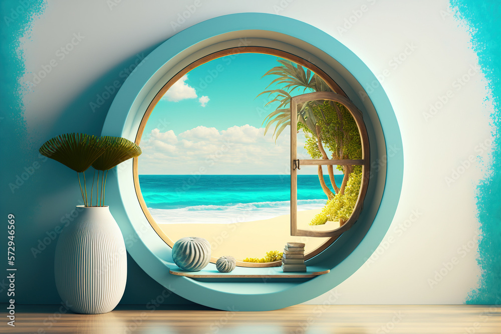 A room with round glass window overlooking beautiful landscape background . Hotel futuristic showroo