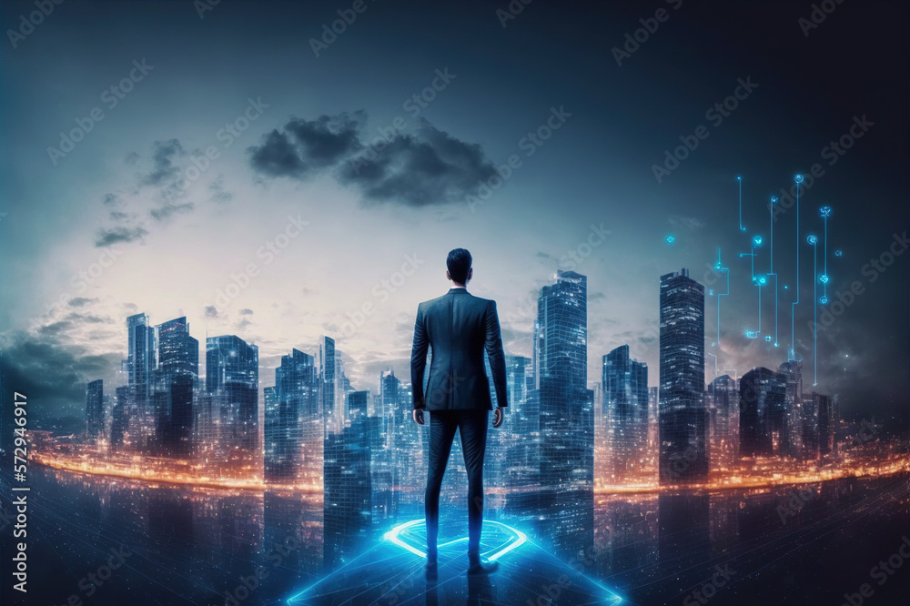 Businessman walking on virtual reality platform to futuristic smart city of opportunity with interne