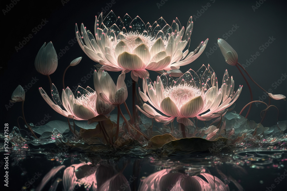 Dreamlike image of light glowing lotus flower or water lily with transparent pink illumination under