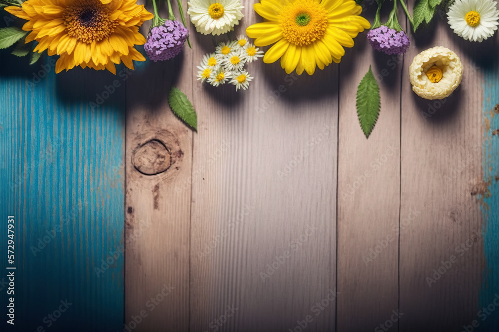 Flat lay view of flower on wood background, vintage color . Sublime Generative AI image .