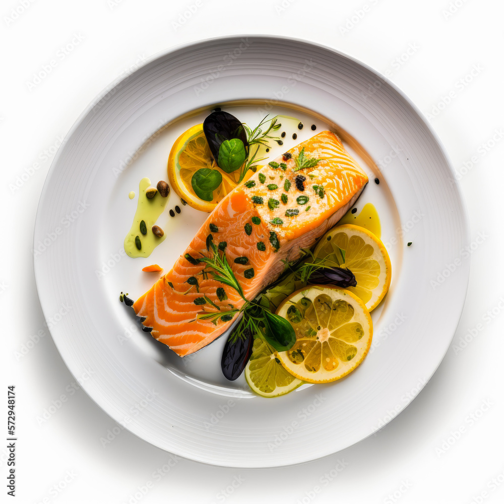 Salmon on white plate with lemon slices. Generative AI.