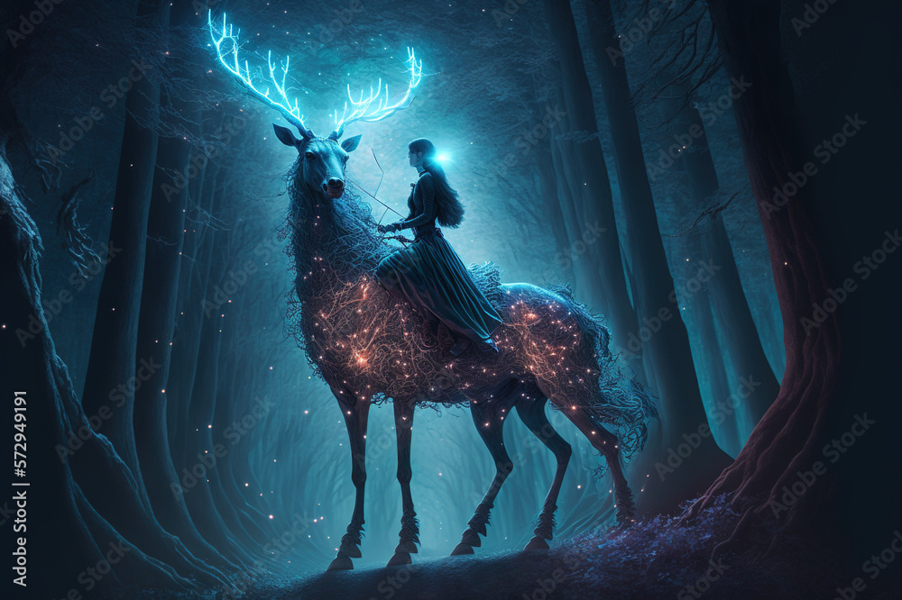 Night fantasy image of mystic woman riding deer in magical forest illumination . Sublime Generative 