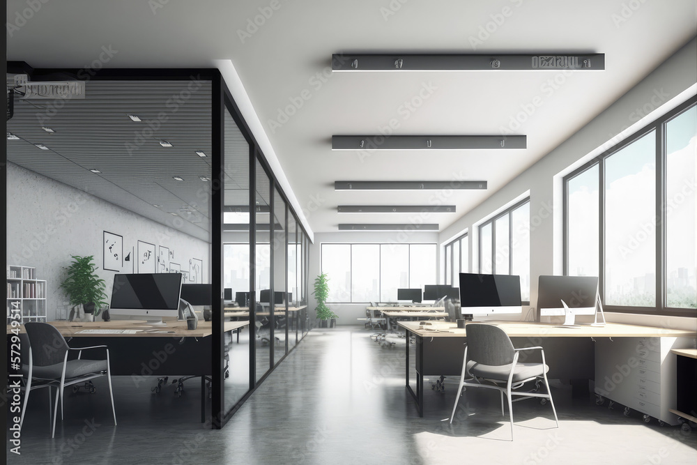 Modern office interior design . Contemporary workspace for creative business. Peculiar AI generative