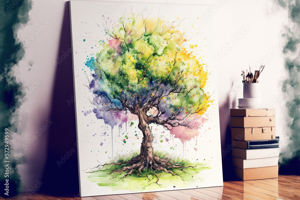 The tree of life in colorful spring watercolor painting style . Sublime Generative AI image .