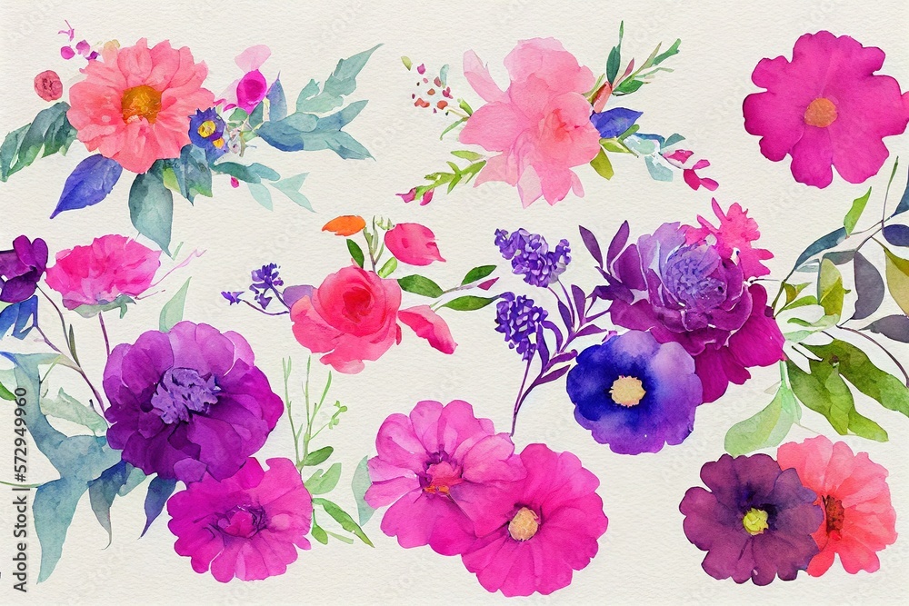 Flower bouquet set watercolor pieces of artwork design. Spring and summer flower nature in style of 