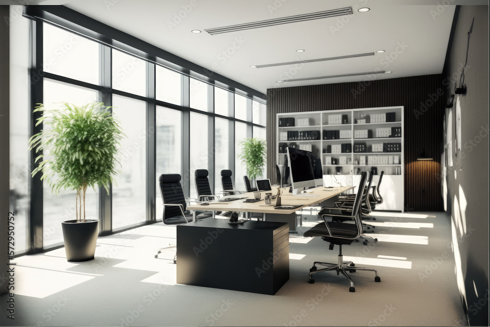 Modern office interior design . Contemporary workspace for creative business. Peculiar AI generative