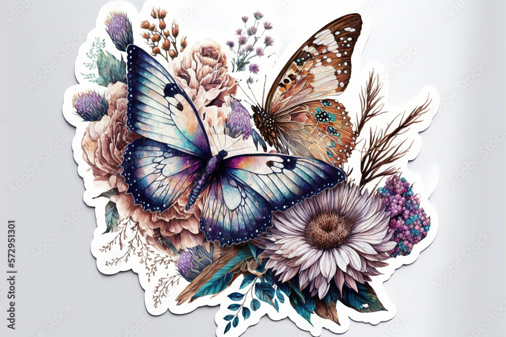 Butterflies art hand drawn painting style on white background . Sublime Generative AI image .