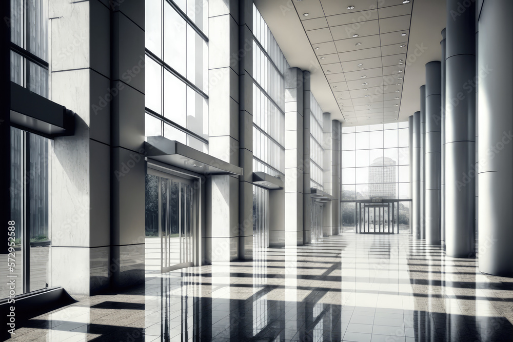 Empty entrance hall of modern public station or large convention center lobby . Contemporary beautif