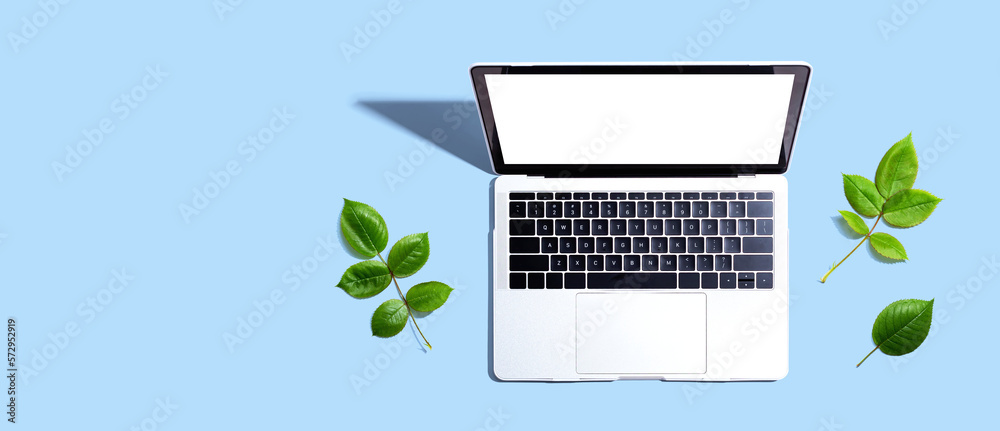 Laptop computer with green leaves - flat lay