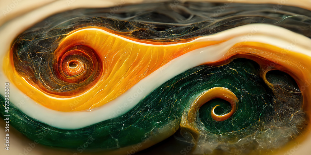 Sedate realistic marco detailed orange and teal alcohol ink ripples pattern in agate design. Closeup