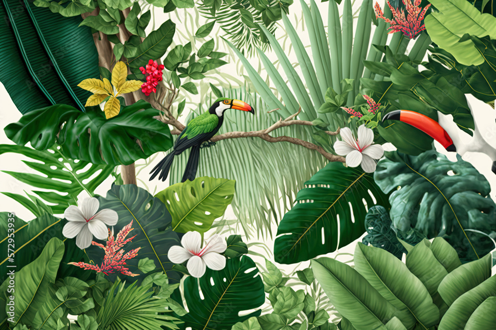 Various tropical leaves and birds exotic wallpaper design . Sublime Generative AI image .