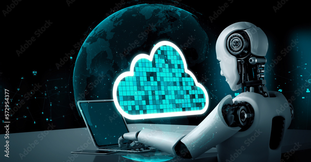 AI robot huminoid uses cloud computing technology to store data on online server . Futuristic concep